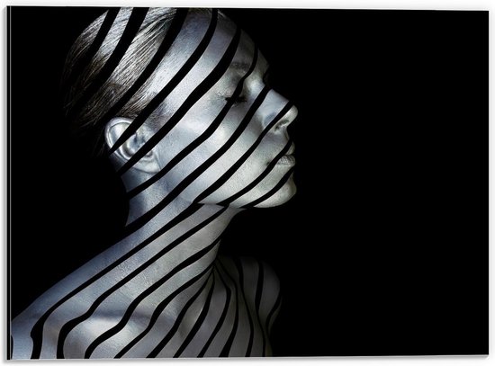 Dibond - Zilveren Vrouw met Zwarte Strepen - 40x30cm Foto op Aluminium (Met Ophangsysteem)
