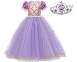 foto van Prinsessen jurk paars roze Deluxe  verkleedjurk Luxe 128 -134 (140) + kroon verkleedkleding