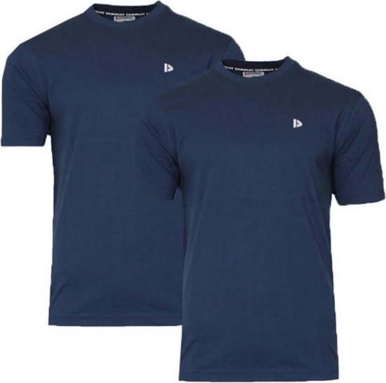 Twee donkerblauwe T-shirts met het logo van Donnay op de borst, naast elkaar.