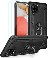 Hoesje Geschikt Voor Samsung Galaxy A42 5G Hoesje Armor case Ringhouder TPU cover - Zwart met 2 pack screenprotector