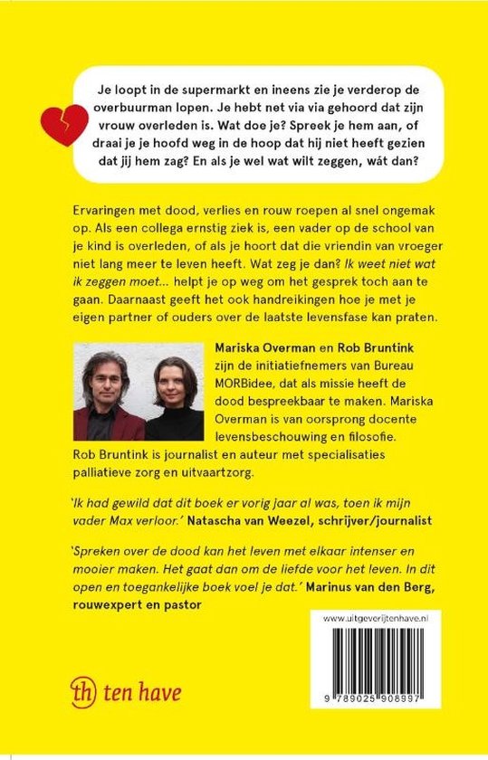 Achterkant boek met tekst over omgaan met verlies en rouw. Twee auteurs, Mariska Overman en Rob Bruntink, met foto.