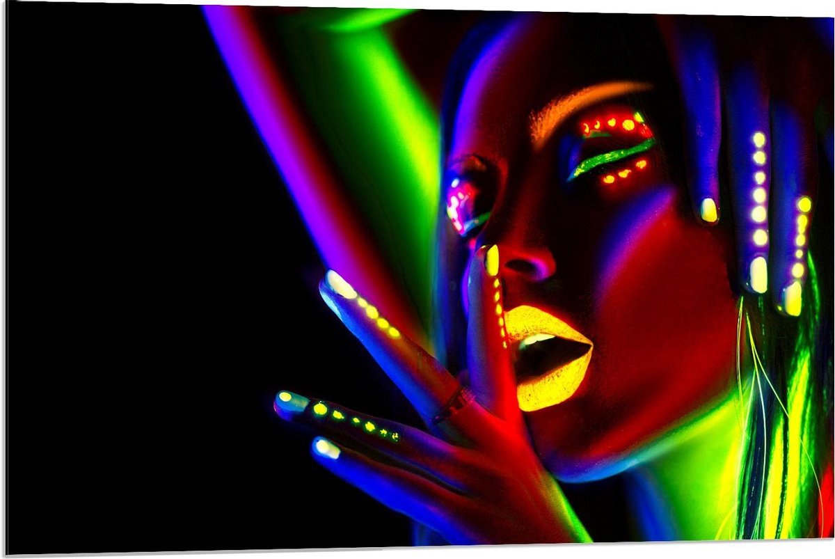 Dibond - Vrouw Versierd met Lichtgevende Verf - 90x60cm Foto op Aluminium (Wanddecoratie van metaal)