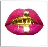 Dibond - Gouden Verf op Roze Lip - 50x50cm Foto op Aluminium (Wanddecoratie van metaal)