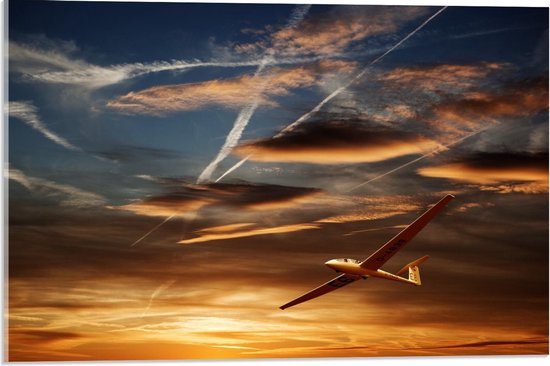 Acrylglas - Vliegtuig in Gouden Lucht - 60x40cm Foto op Acrylglas (Met Ophangsysteem)