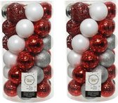 74x stuks kunststof kerstballen zilver/rood/wit 6 cm - mat/glans/glitter - Onbreekbare plastic kerstballen