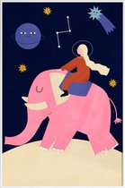 JUNIQE - Poster met kunststof lijst Elephant Ride -30x45 /Blauw & Roze