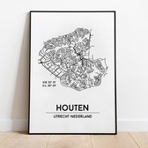 Houten city poster, A3 (30x40 cm) met lijst, plattegrond poster, woonplaatsposter, woonposter