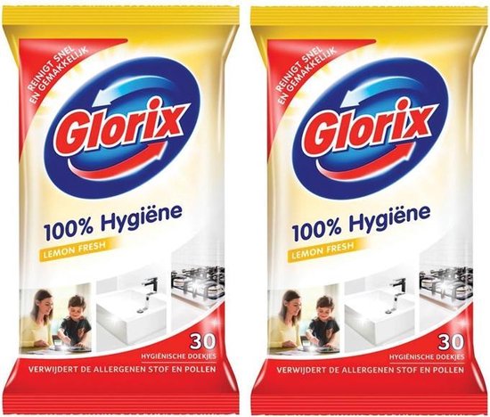 GLORIX Lemon Fresh 100% Hygiëne - 2 pak x 30 Hygiëne doekjes – voordeelverpakking – schoonmaak – verwijdert de allergenen stof en pollen !!!