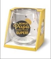 Vaderdag - Wijnglas - Waterglas - Bonus Papa jij bent echt super - Gevuld met verpakte Italiaanse bonbons - In cadeauverpakking met gekleurd lint