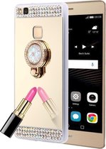 Voor Huawei P9 Lite Diamond Encrusted Galvaniseren Spiegel Beschermhoes met Verborgen Ringhouder (Goud)