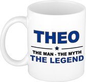 Naam cadeau Theo - The man, The myth the legend koffie mok / beker 300 ml - naam/namen mokken - Cadeau voor o.a  verjaardag/ vaderdag/ pensioen/ geslaagd/ bedankt