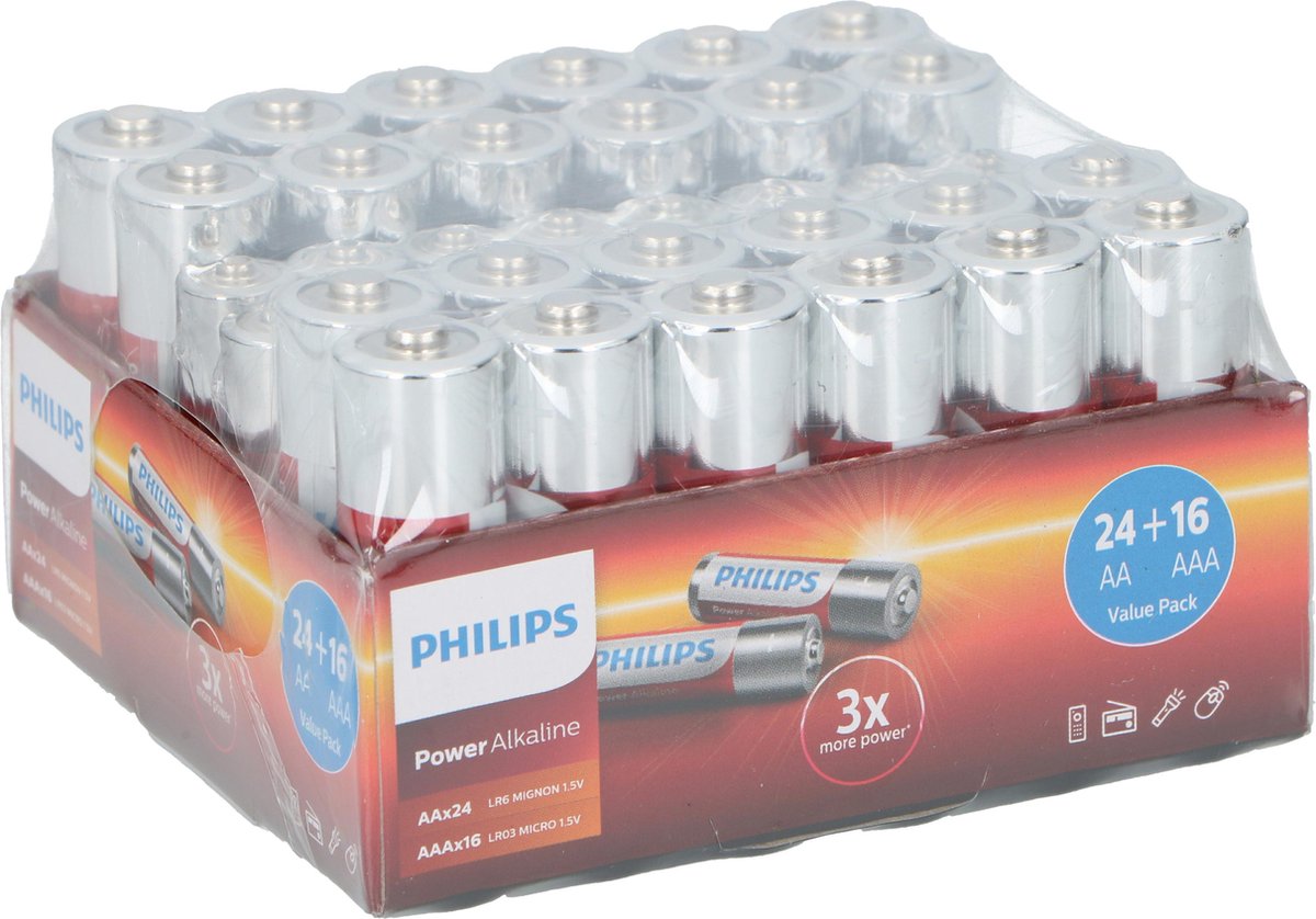 Philips Power Alkaline Batterijen - voordeelpak 40 stuks - 24x AA - 16x AAA  | bol.com