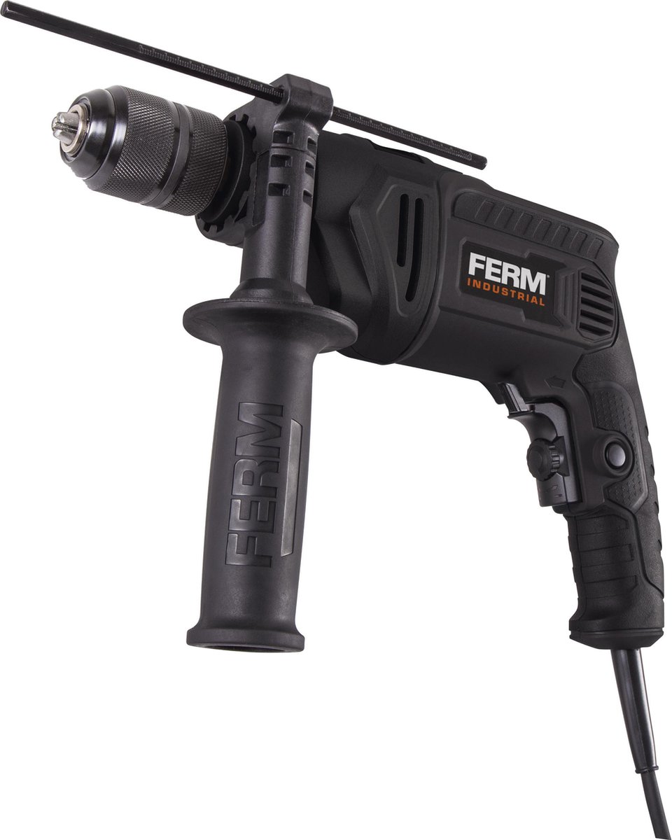 FERM Industrial - PDM1060P_K - Klopboormachine - 850W - 13MM - Metalen snelspankop - Instelbare snelheid - Boren - 3000/min - Klopboren - 48000/min - Lock-on schakelaar - 3m rubber kabel - Verstelbare zijgreep - Metalen dieptestop - Opbergkoffer