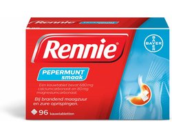 Rennie Pepermunt Kauwtabletten | 96 stuks | Verlicht Snel Brandend Maagzuur en Zure Oprispingen | Neutraliseert Overtollig Maagzuur | met Pepermunt Smaak | voor 12 Jaar en Ouder