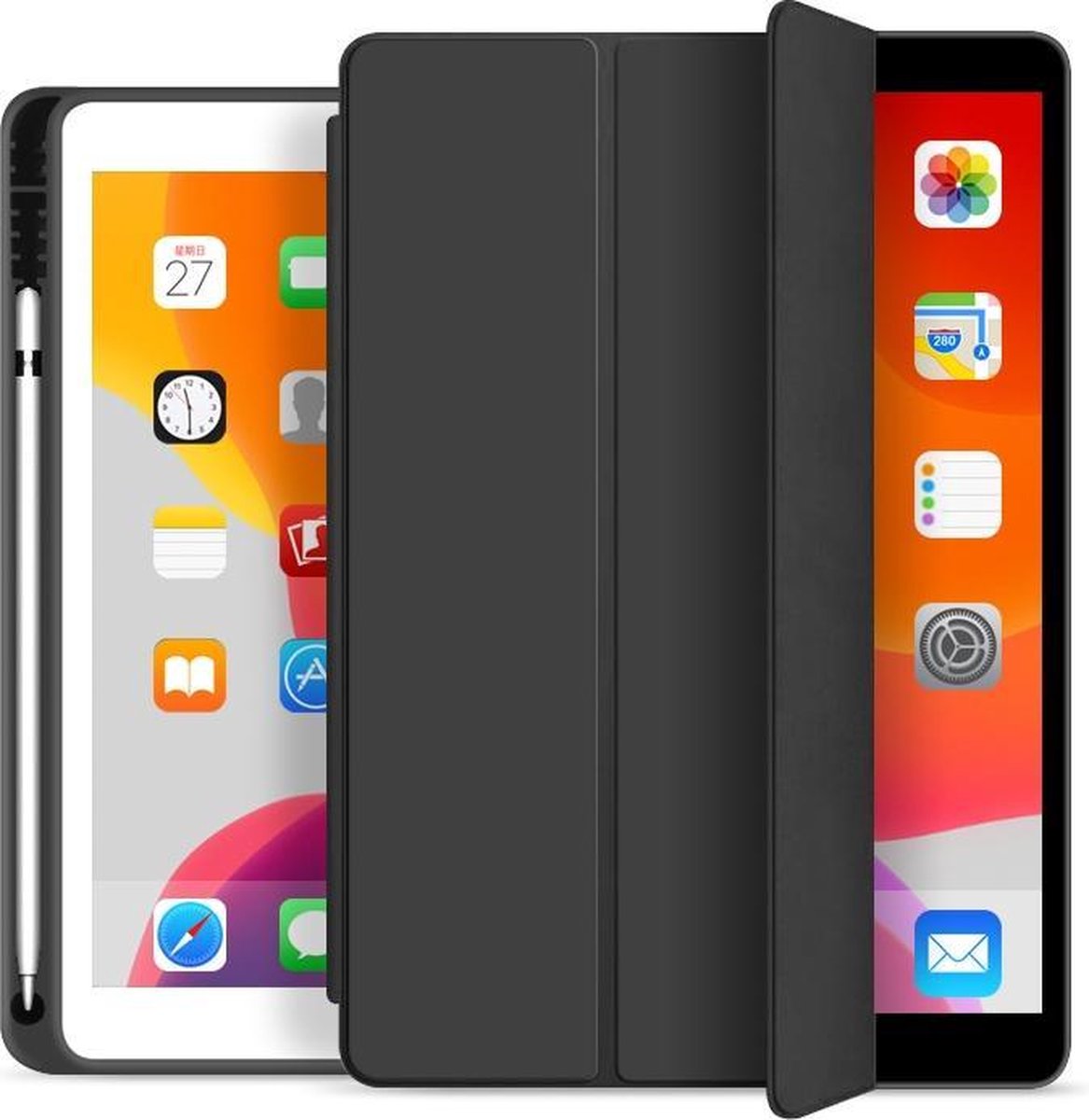 iPad 10.2 2019 / 2020 / 2021 hoes - Tri-Fold Book Case - Smart Folio cover met Pencil houder - Zwart