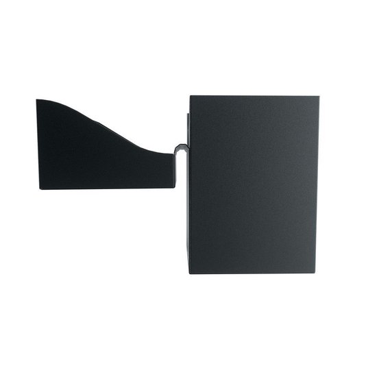 Zwarte deckbox met deksel dat aan de zijkant is bevestigd.