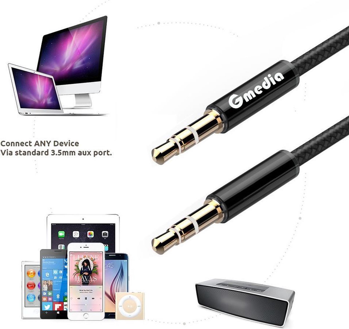 Gmedia Stereo Audio Jack Kabel 3.5 mm - AUX Kabel Duurzaam Gevlochten - Zwart - 1 meter
