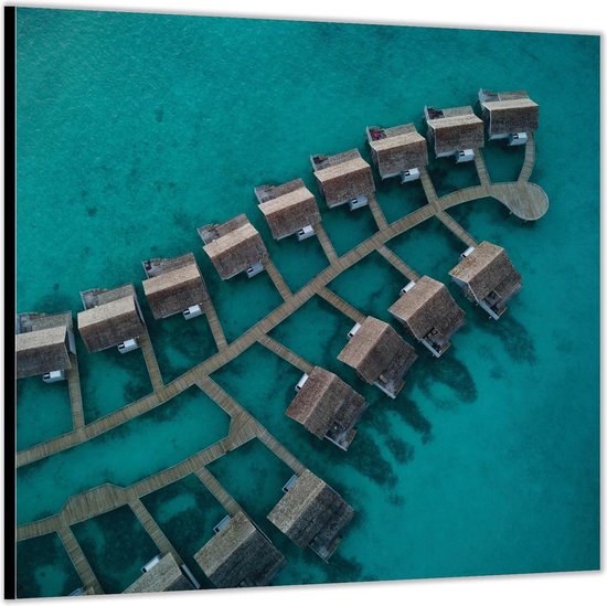 Dibond –Bungalows aan het water van boven– 50x50 Foto op Aluminium (Wanddecoratie van metaal)