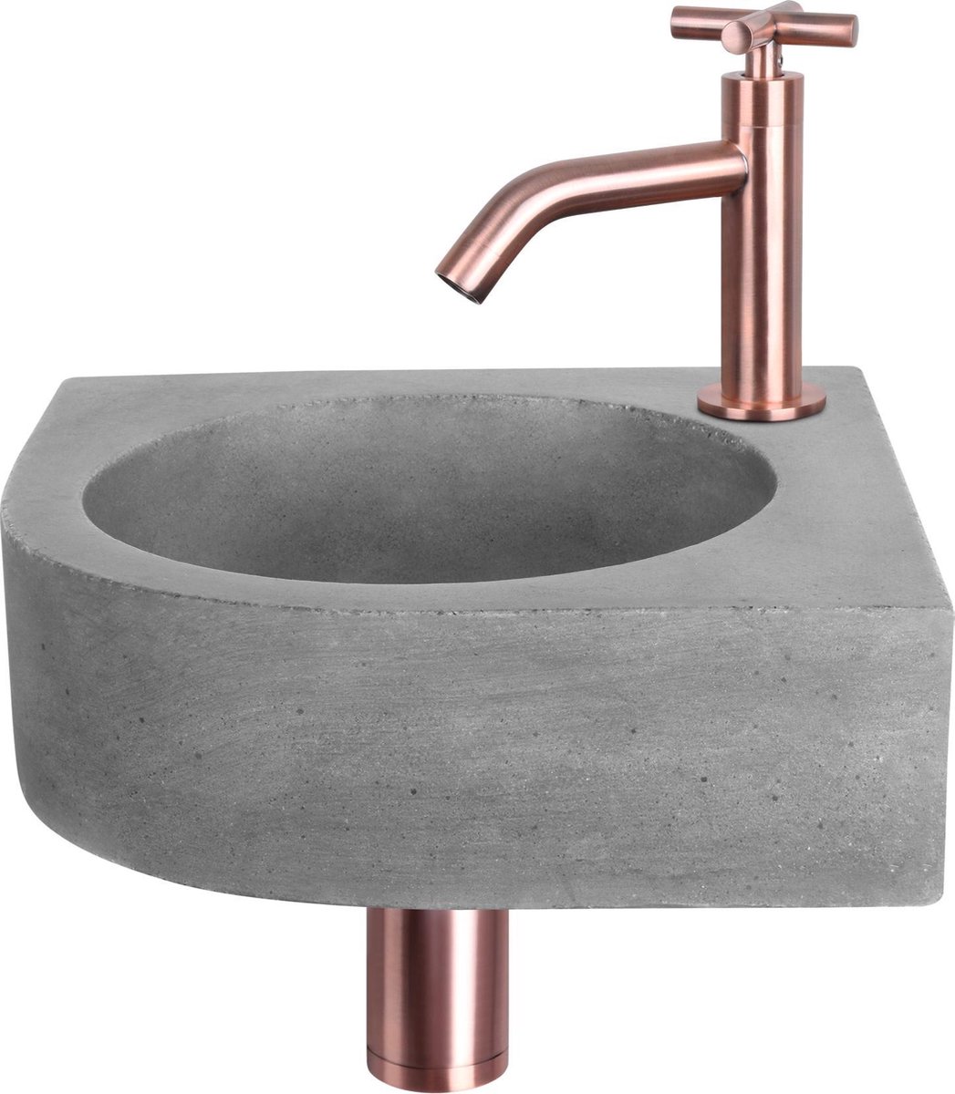Differnz Cleo Fonteinset - Beton donkergrijs - Kraan kruis rood koper - 31.5 x 31.5 x 10 cm