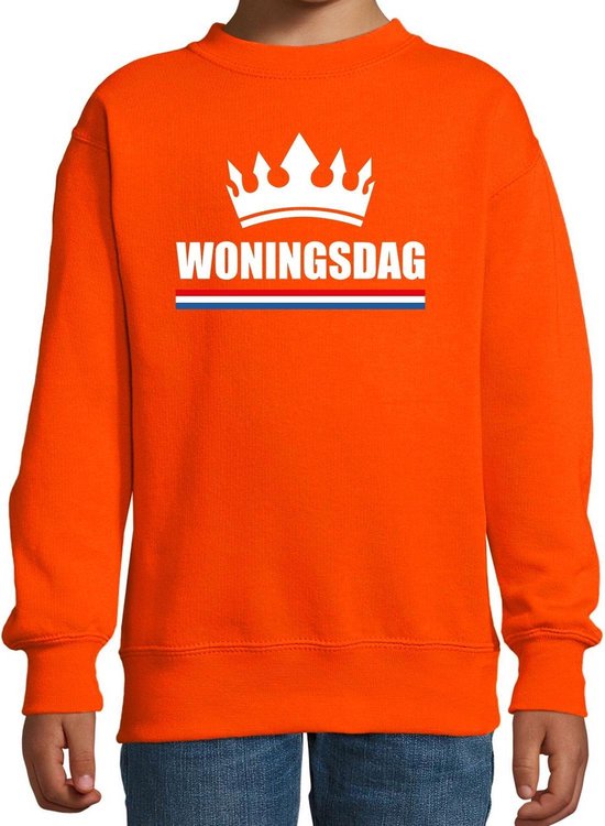 Koningsdag sweater / trui Woningsdag oranje voor jongens en meisjes - Woningsdag - thuisblijvers / Kingsday thuis vieren 118/128 (7-8 jaar)