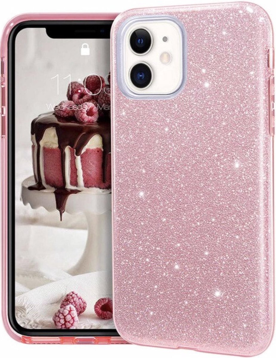 Geschikt voor Apple iPhone 11 Backcover - Roze - Glitter Bling Bling - TPU case