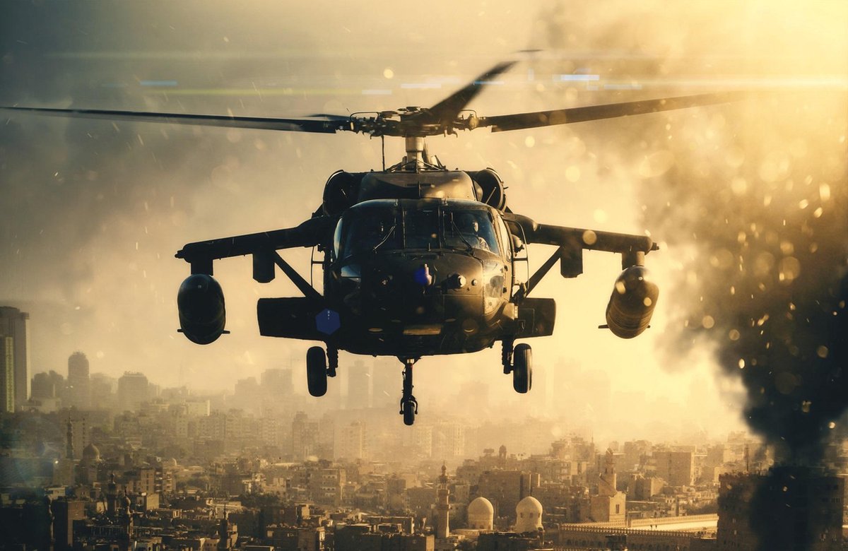 ✓ Armée • Toile de la ville détruite par hélicoptère militaire 150x100 cm •  Impression