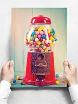 Wandbord: Retro snoepmachine gevuld met kouwgomballen - 30 x 42 cm