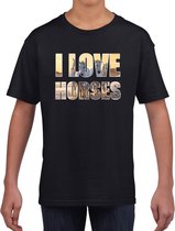 I love horses / paarden t-shirt zwart kids - paarden dieren t-shirt / kleding - cadeau t-shirt / paarden shirts voor paardenmeisjes / jongens - kinderkleding / kleding 134/140