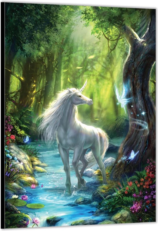 Dibond –Getekende Unicorn in Fantasiebos– 30x40 Foto op Aluminium (met ophang)