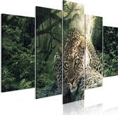 Schilderijen Op Canvas - Schilderij - Leopard Lying (5 Parts) Wide Pale Green 100x50 - Artgeist Schilderij