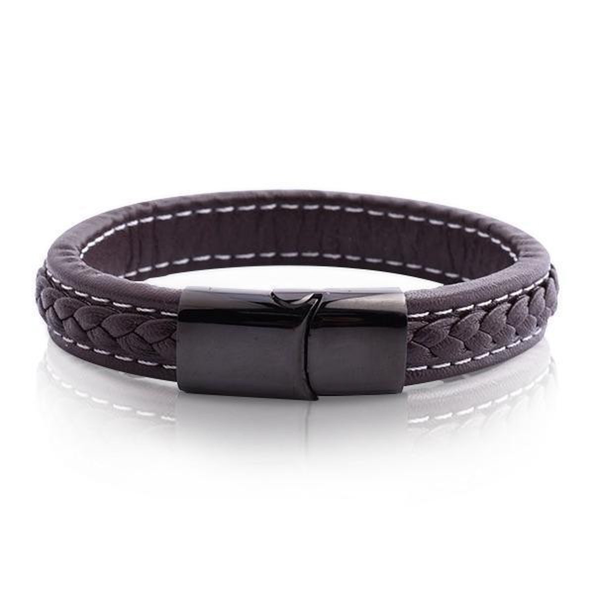 Armband Heren - Armband Mannen - Armband Dames - Heren Armband - Armband - Leer met Zwarte Schakel - Leron