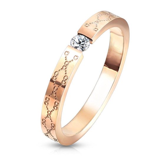 Ring Dames - Ringen Dames - Ringen Vrouwen - Rosé Goudkleurig - Gouden Kleur - Ring - Modern met Patroontje en Steentje - Floral