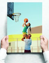 Wandbord: Vader en dochter spelen basketbal - 30 x 42 cm