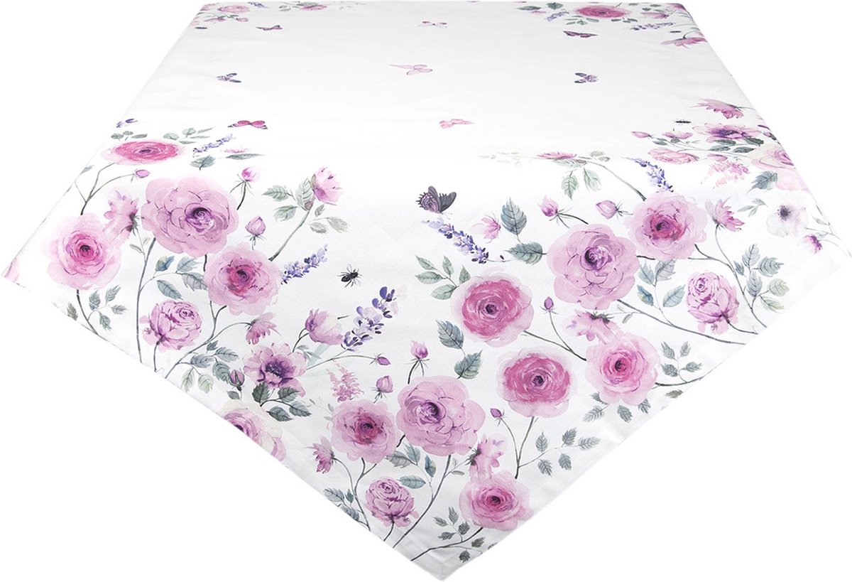 Clayre & Eef Tafelkleed 150x150 cm Wit Paars Katoen Rozen Tafellaken