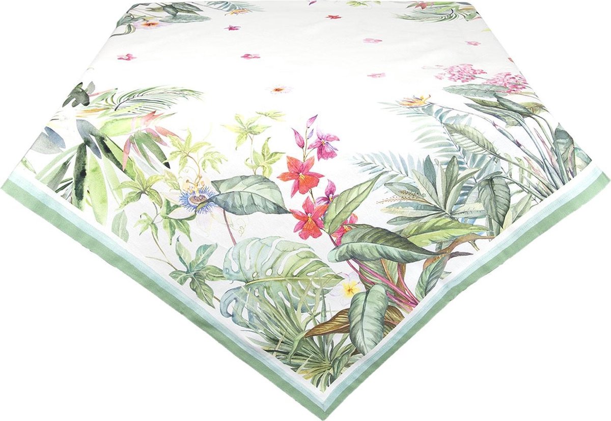 Clayre & Eef Tafelkleed 150x150 cm Wit Groen Katoen Vierkant Jungle Botanics Tafellaken