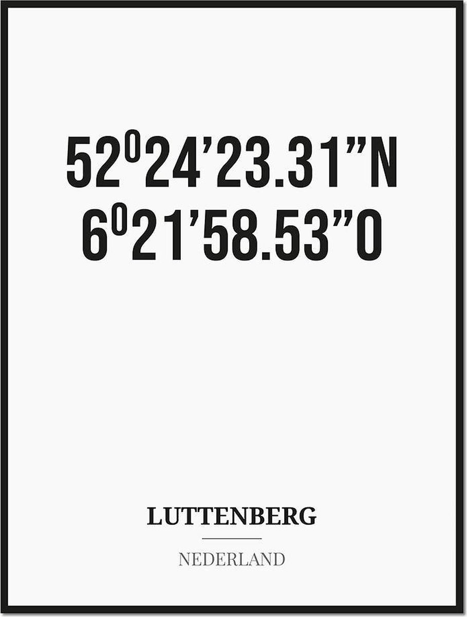 Studio216 Poster/kaart LUTTENBERG met coördinaten zwart, wit