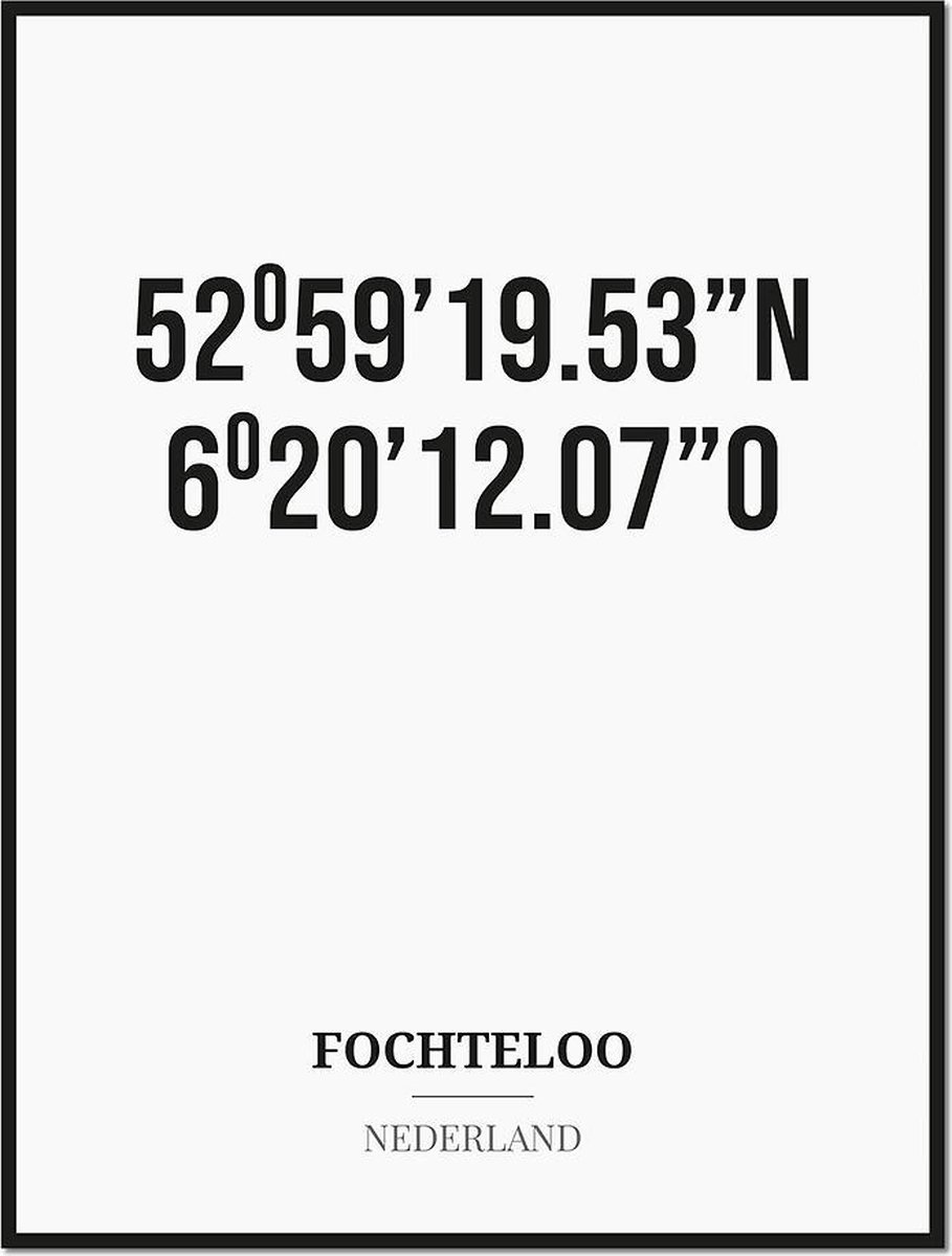 Studio216 Poster/kaart FOCHTELOO met coördinaten zwart, wit