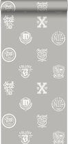ESTAhome behangpapier school emblemen taupe - 128804 - 53 cm x 10,05 m