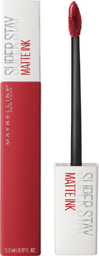 Verpakking van Maybelline SuperStay Matte Ink liquid lipstick, kleur Pioneer, met applicator.