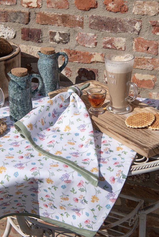 Clayre & Eef Serviettes Coton set de 6 40x40 cm Blanc Vert Carré Fleurs