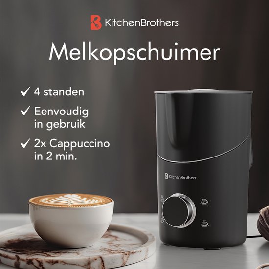 KitchenBrothers Elektrische Melkopschuimer - Vaatwasserbestendig - 4-in-1 - 400 ML - Voor 3 Cappuccino's - Zwart