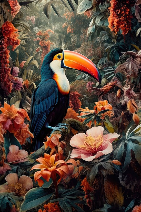 Toucan met bloemen #6 - plexiglas schilderij - 50 x 70 cm