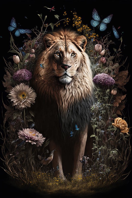Leeuw met bloemen #4 - plexiglas schilderij
