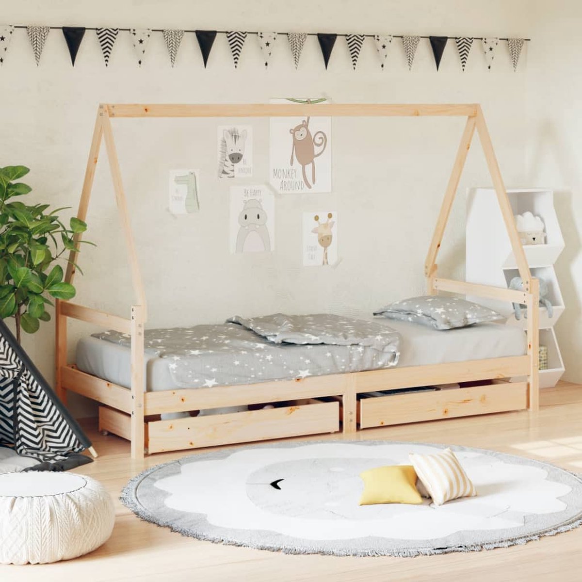 vidaXL Kinderbedframe - met - lades - 90x190 - cm - massief - grenenhout Naturel