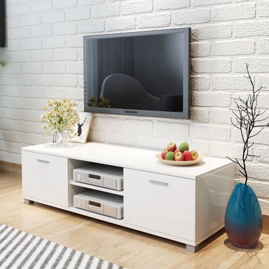 The Living Store TV-meubel Hoogglans Wit Bewerkt Hout en MDF - 140x40.3x34.7cm - Ruime Opbergruimte