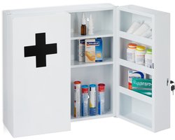medicijnkast afsluitbaar - 11 vakken - staal - 53,5 x 53 x 19 cm - met 2 deuren - wit-zwart