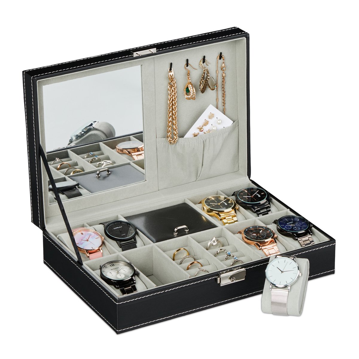 Relaxdays horlogebox zwart - 8 horloges - sieradendoos dames - fluweel - horlogedoos heren