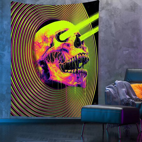 Decoratie Versiering - Ulticool - Skelet Skull - Glow in de Dark Tapestry Decoratie - Psychedelisch - Blacklight Party Wandkleed Achtergronddoek - 200x150 cm - Backdrop UV Lamp Reactive - Groot wandtapijt - Poster - Neon Fluor Verlichting