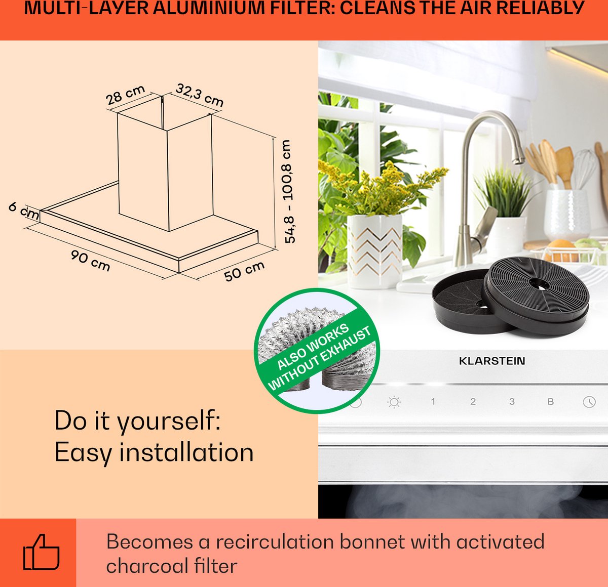 Klarstein Afzuigkap 90cm, Afvoer/recirculatie afzuigkap met vaatwasserbestendig filter, Stille afzuigkap, 555 m³/u luchtstroom, Wandkappen voor de keuken met app control, Afzuigkap 90 cm