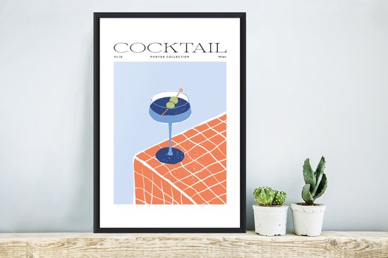 Affiche 'Cocktail' avec un cocktail bleu, à côté de deux cactus.